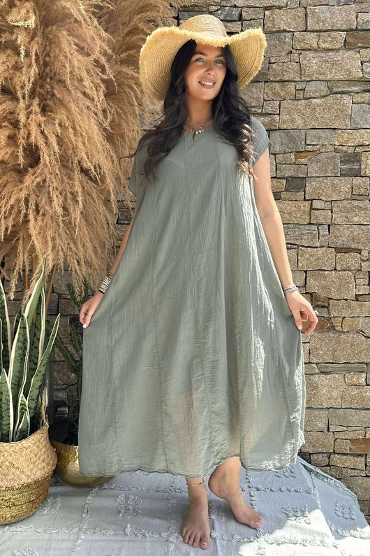 Made in Italy Sa Caleta Cotton Cap Sleeve Pocket Midaxi Dress Khaki - 